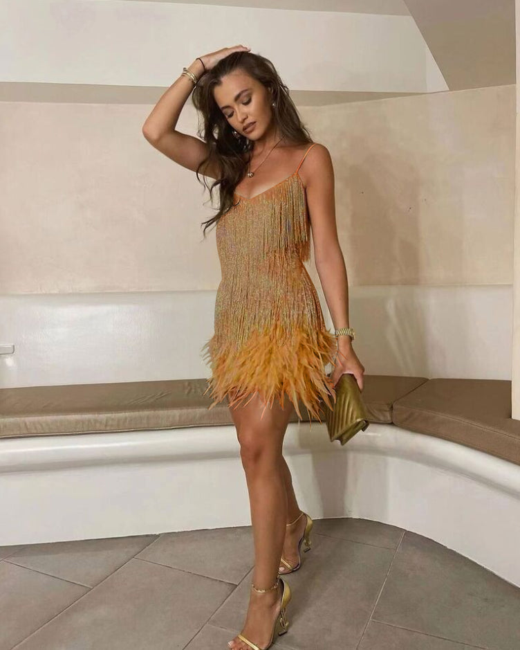 Cocktailkleid Samba Pailletten, Federn, elegantes Design