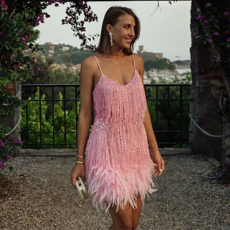 Cocktailkleid Samba Pailletten, Federn, elegantes Design