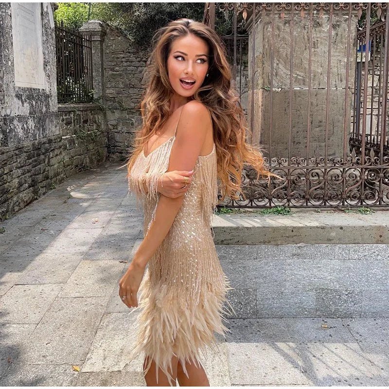 Cocktailkleid Samba Pailletten, Federn, elegantes Design