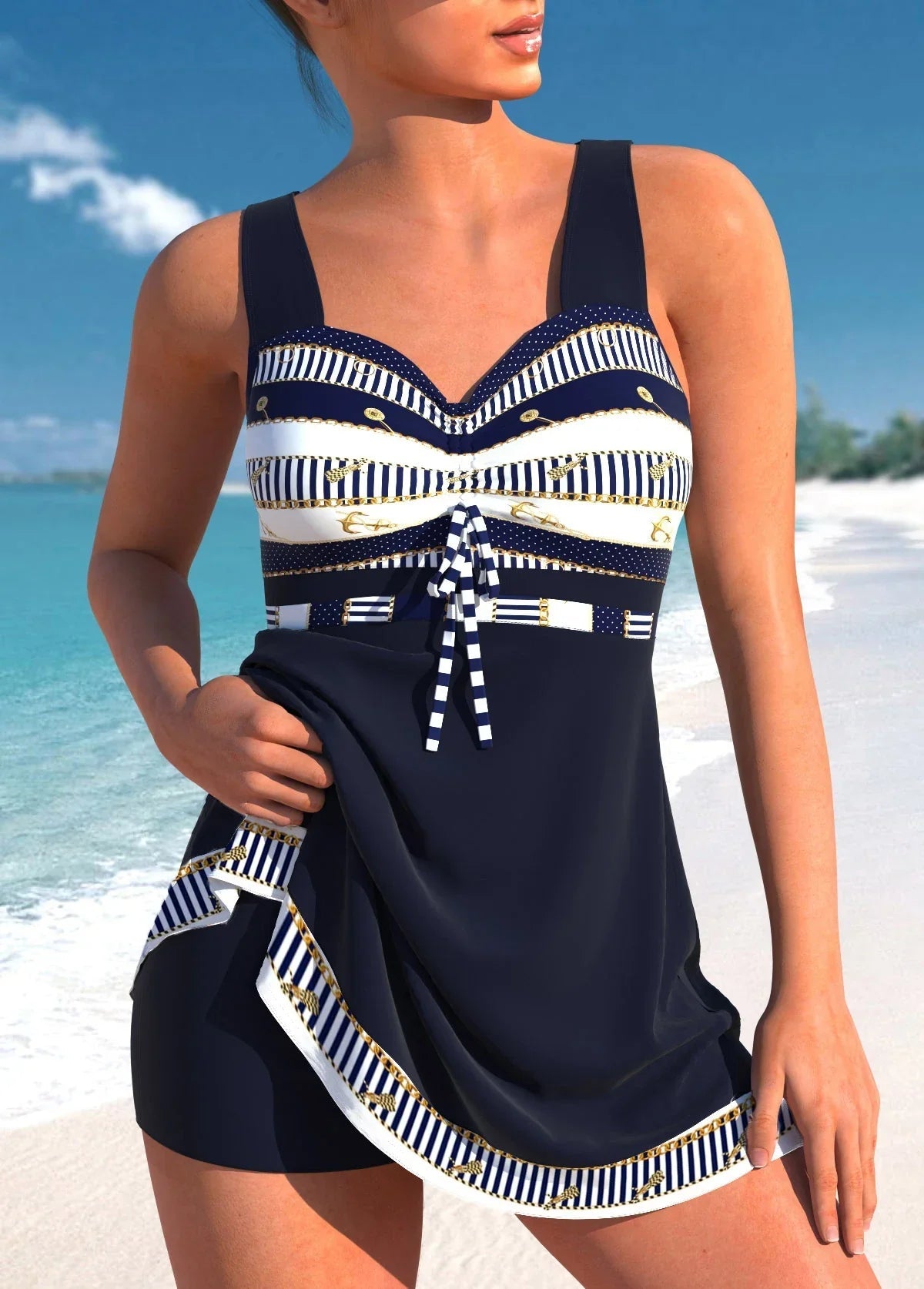 Blauer Tankini Schmal, Leicht, Patchwork-Design