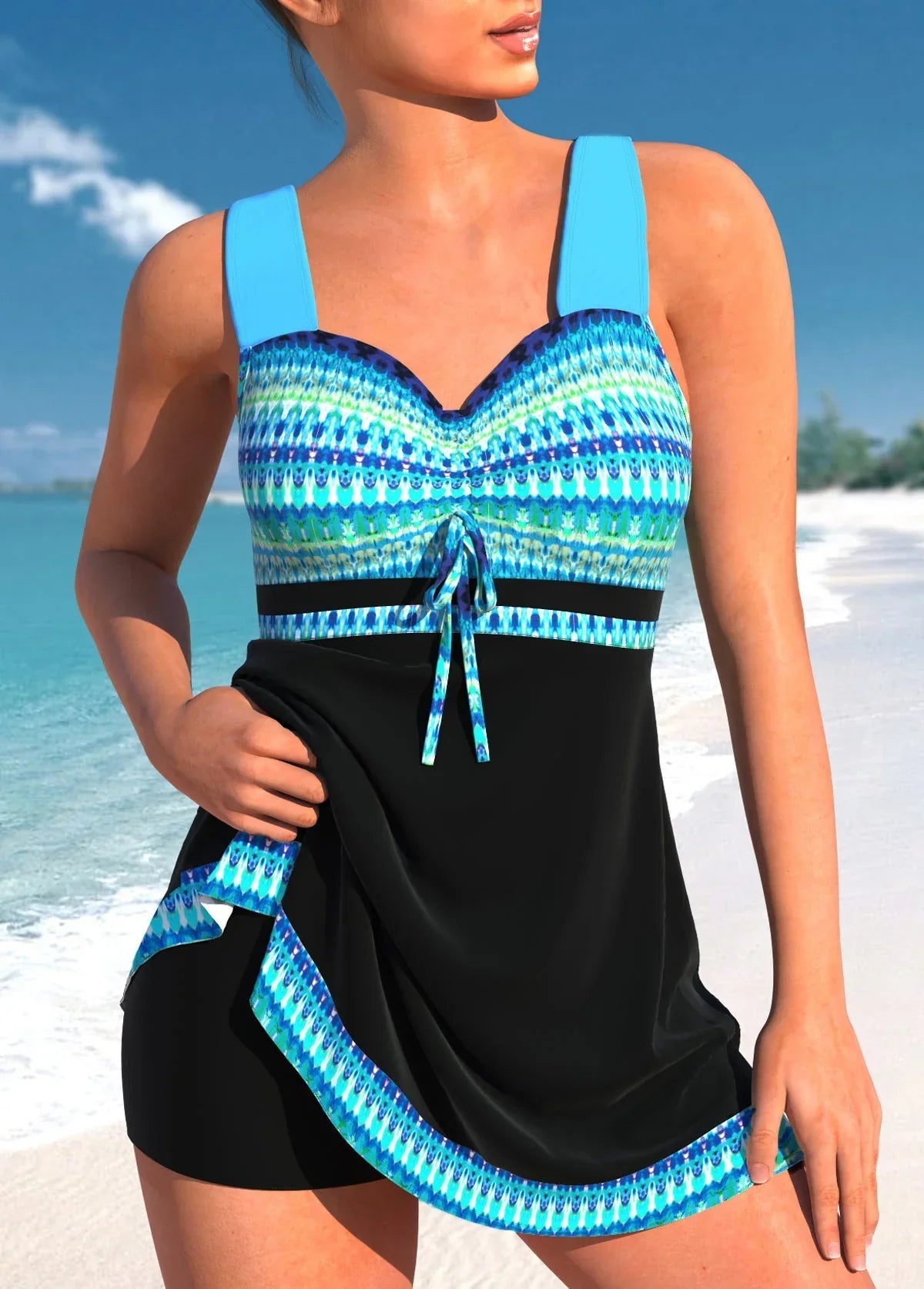Blauer Tankini Schmal, Leicht, Patchwork-Design
