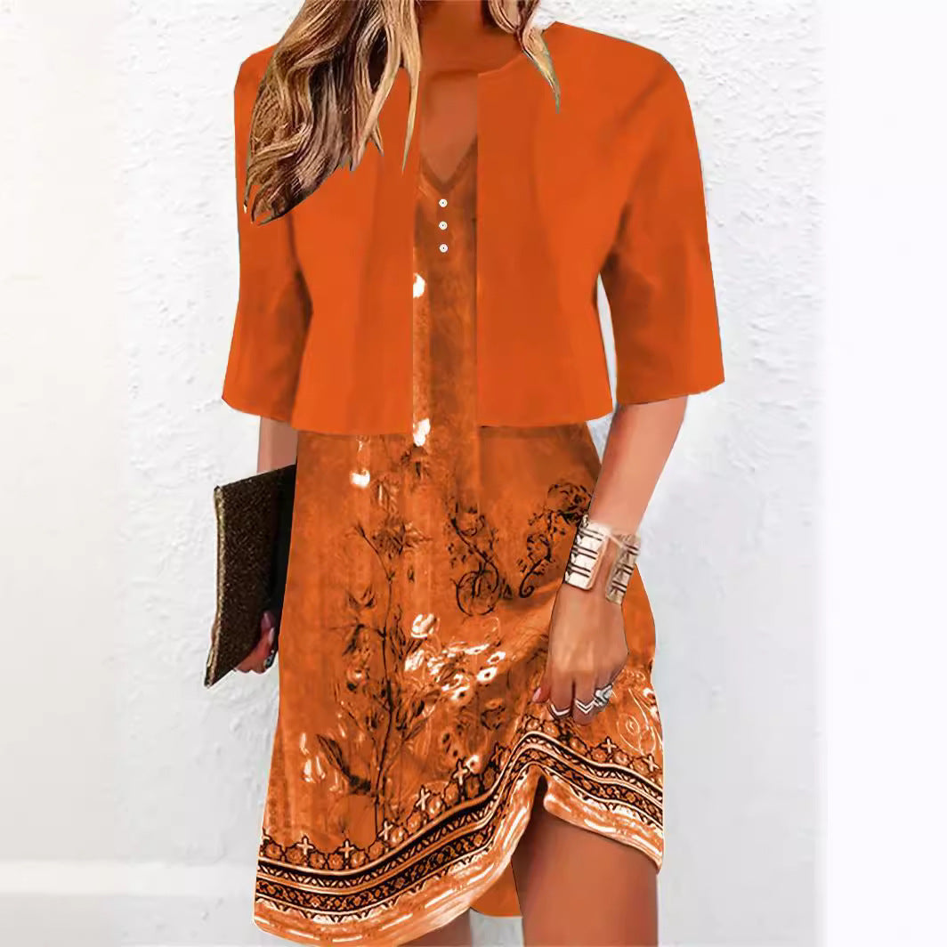 Elegantes Zweiteiliges Kleid Midi-Rock mit V-Ausschnitt & 3D-Design