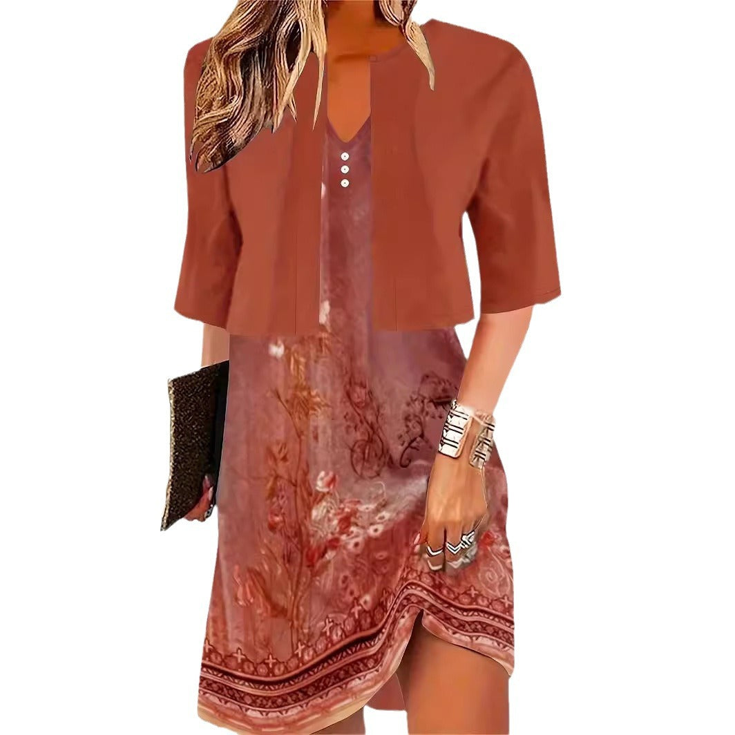 Elegantes Zweiteiliges Kleid Midi-Rock mit V-Ausschnitt & 3D-Design