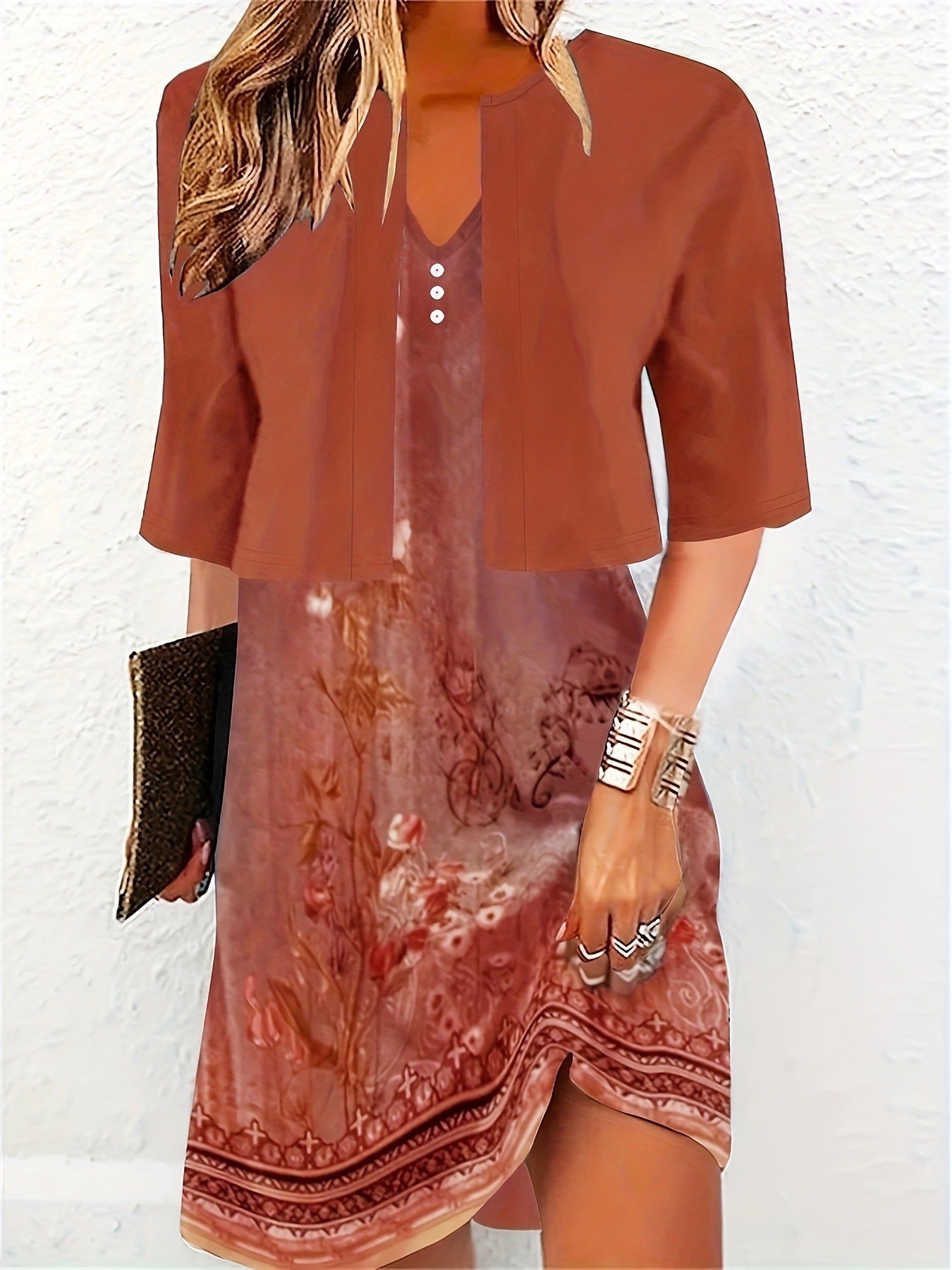 Elegantes Zweiteiliges Kleid Midi-Rock mit V-Ausschnitt & 3D-Design
