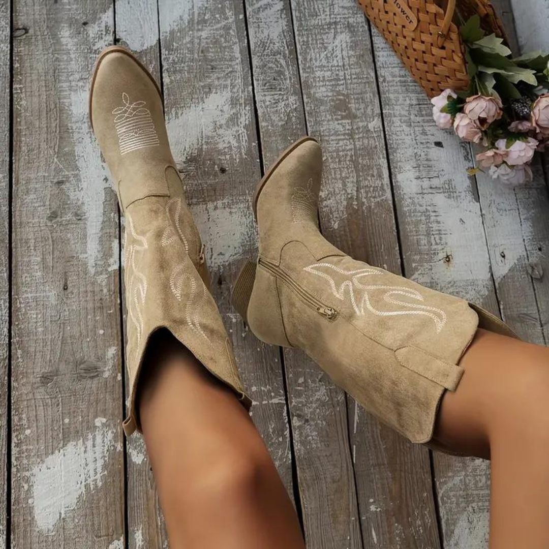 Kniehohe Cowboystiefel mit Blockabsatz und Reißverschluss