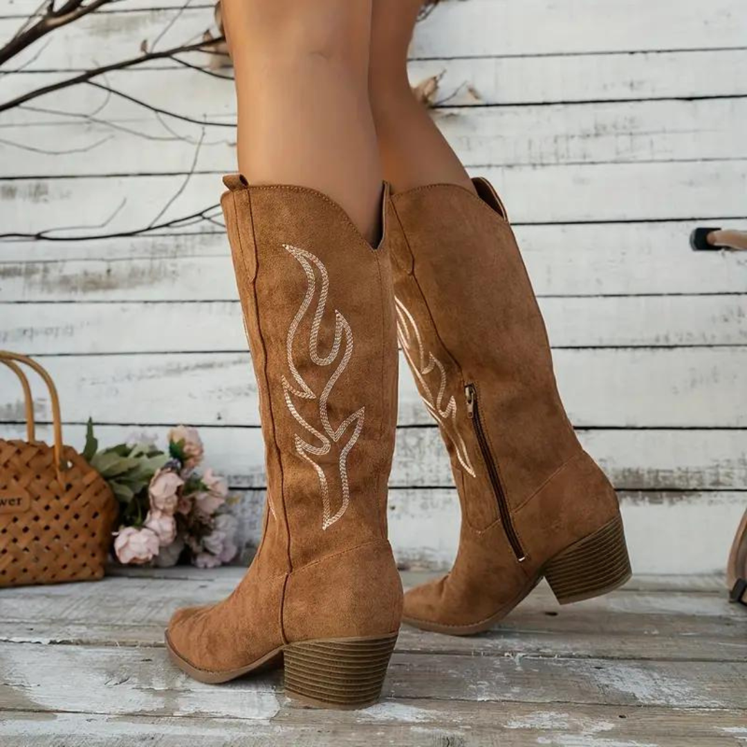 Kniehohe Cowboystiefel mit Blockabsatz und Reißverschluss