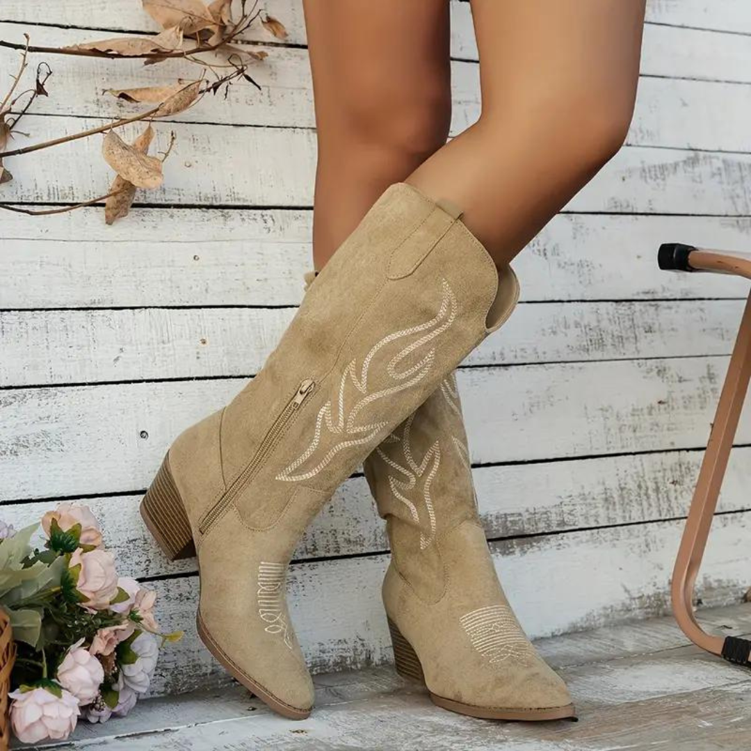 Kniehohe Cowboystiefel mit Blockabsatz und Reißverschluss