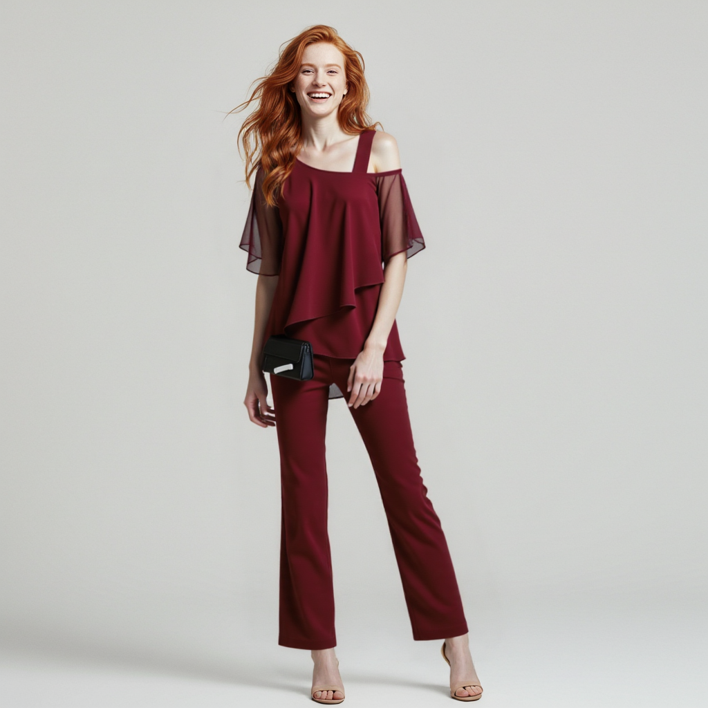 Eleganter Damen Zweiteiler Jumpsuit mit Cold Shoulder Bluse