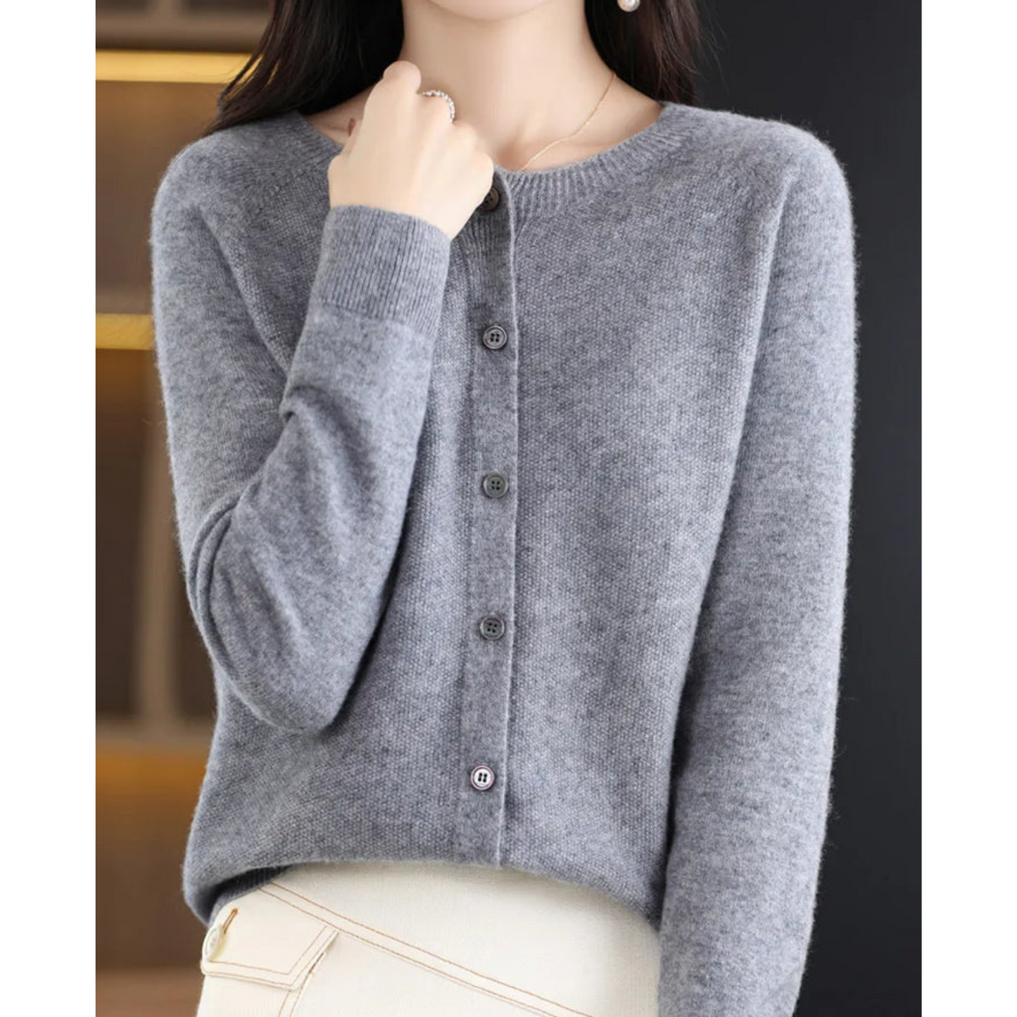 Damen Pullover Rundhals Cardigan Langarm