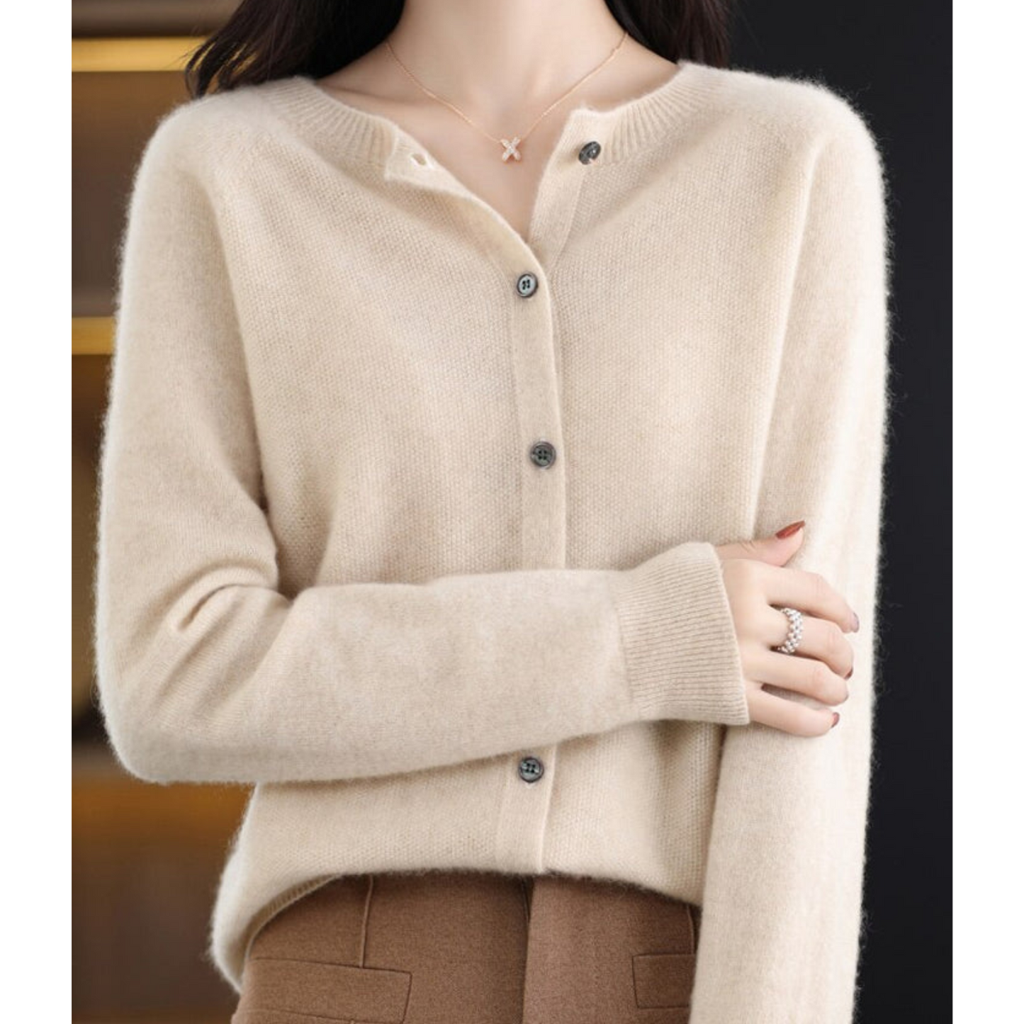 Damen Pullover Rundhals Cardigan Langarm