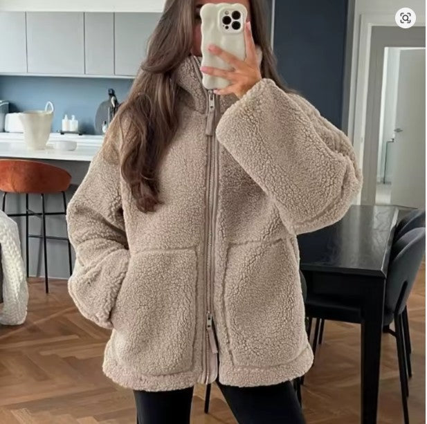 Damen Lammwolljacke Warme Winterjacke mit Reißverschluss