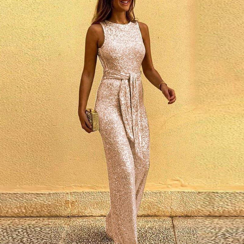 Glitzer Jumpsuit Damen Einfarbiger Pailletten Overall