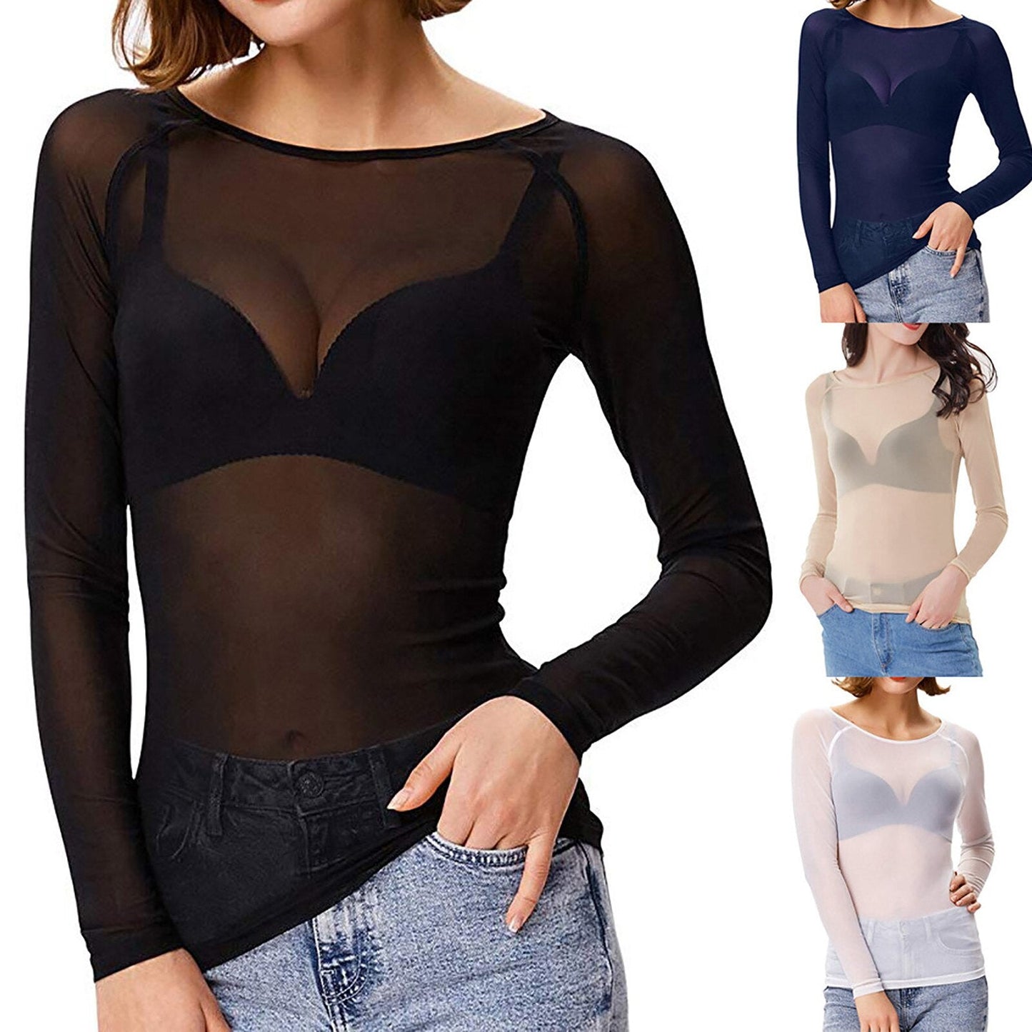 Langärmliges Mesh-Top Damen Winter Polyester