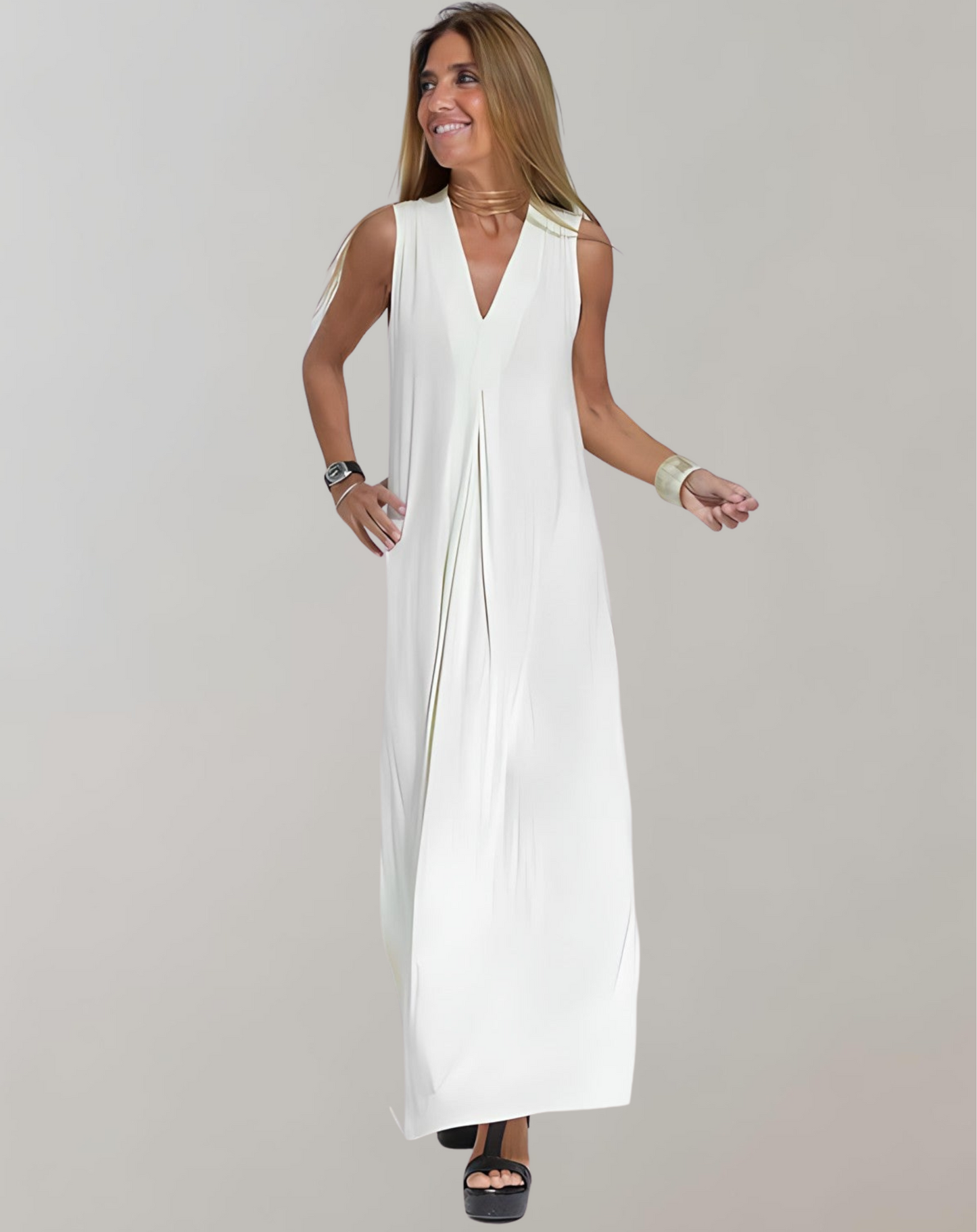 Schlankmachendes V-Ausschnitt Maxi Kleid - Sommerkleid Baumwolle