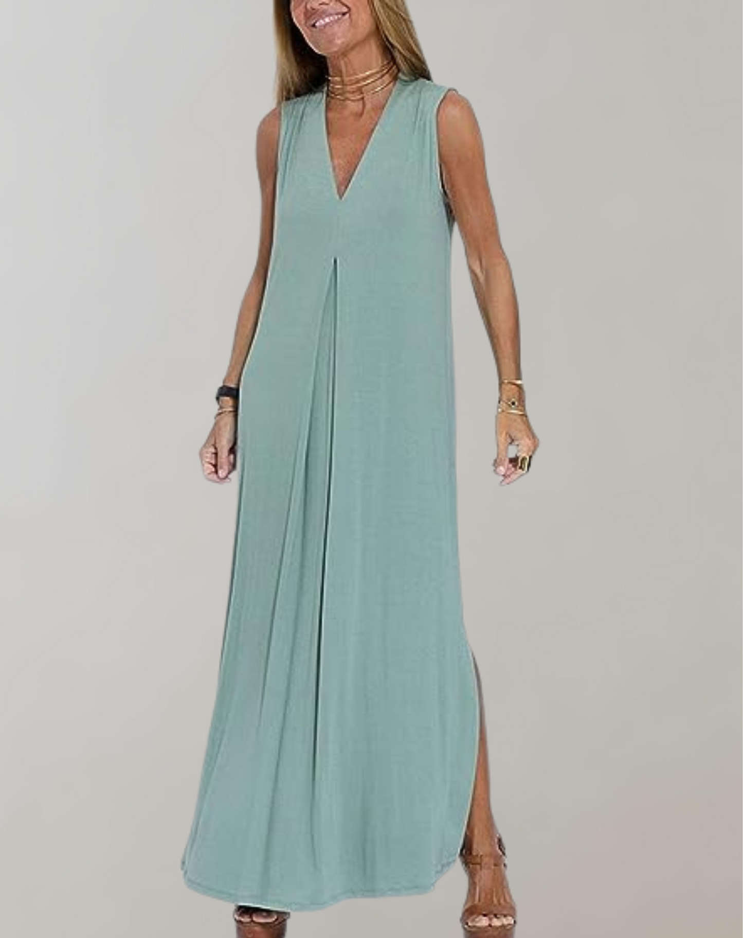 Schlankmachendes V-Ausschnitt Maxi Kleid - Sommerkleid Baumwolle