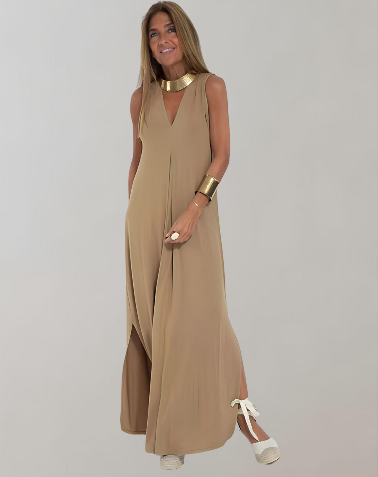 Schlankmachendes V-Ausschnitt Maxi Kleid - Sommerkleid Baumwolle