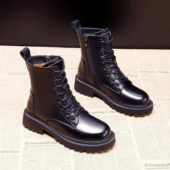 Schwarze Leder Winterstiefel Damen