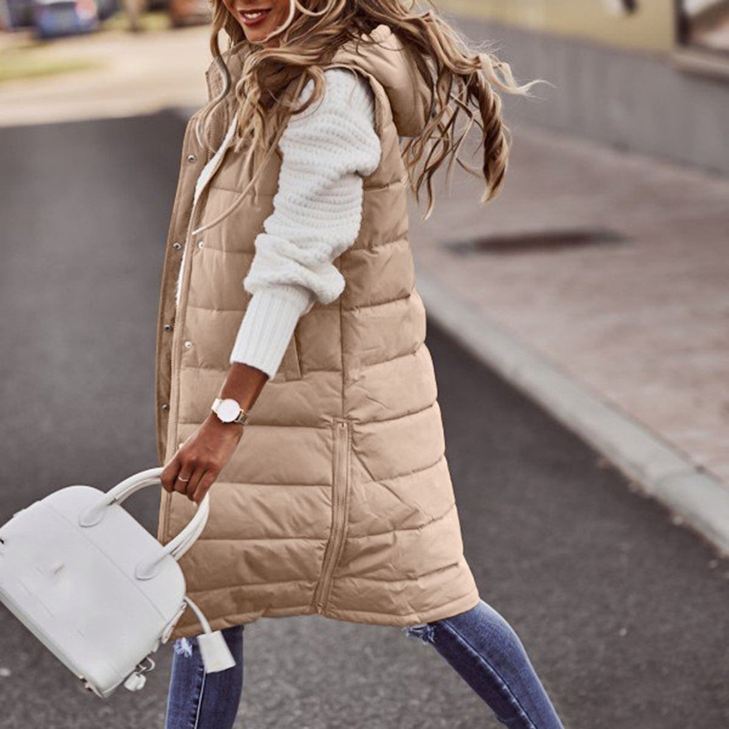 Lange Damen Steppweste mit Kapuze - Winterjacke