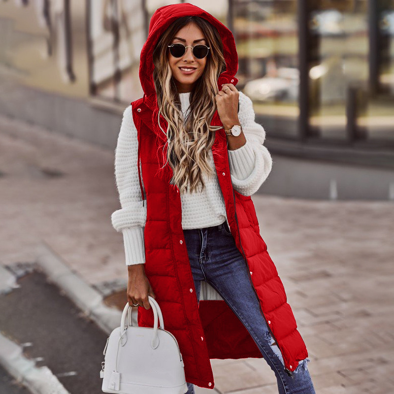 Lange Damen Steppweste mit Kapuze - Winterjacke