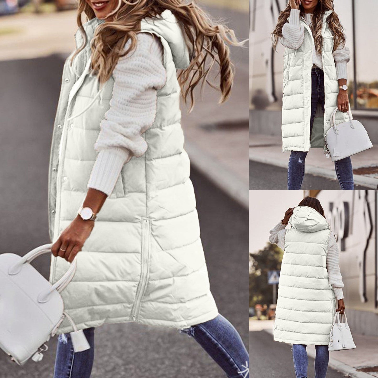 Lange Damen Steppweste mit Kapuze - Winterjacke