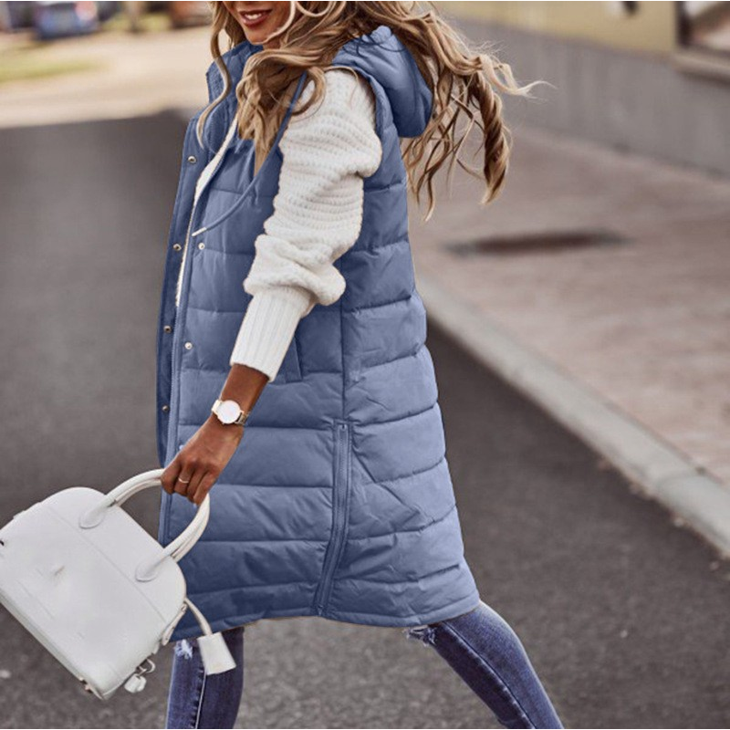 Lange Damen Steppweste mit Kapuze - Winterjacke