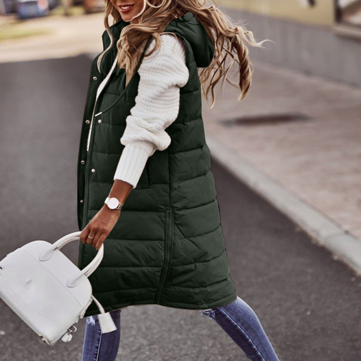 Lange Damen Steppweste mit Kapuze - Winterjacke