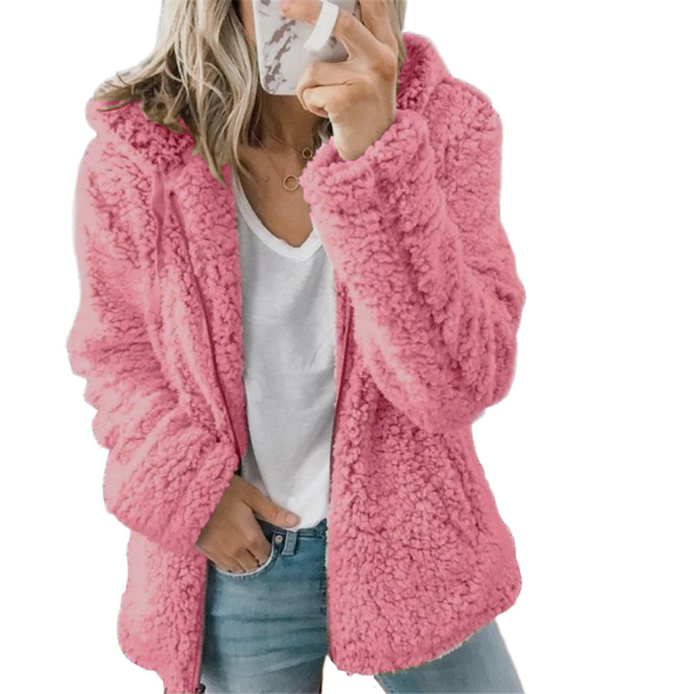 Damen Teddy-Pelzmantel Fleecemantel mit Reißverschluss und Taschen
