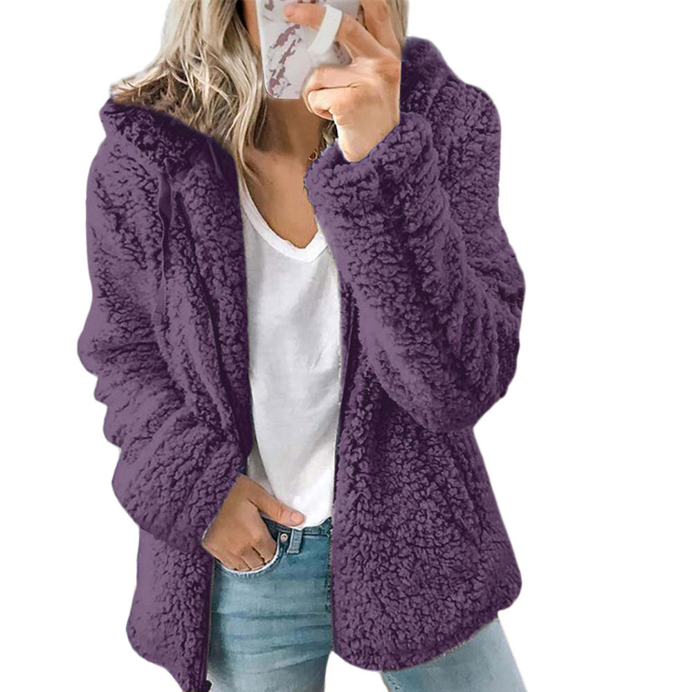 Damen Teddy-Pelzmantel Fleecemantel mit Reißverschluss und Taschen