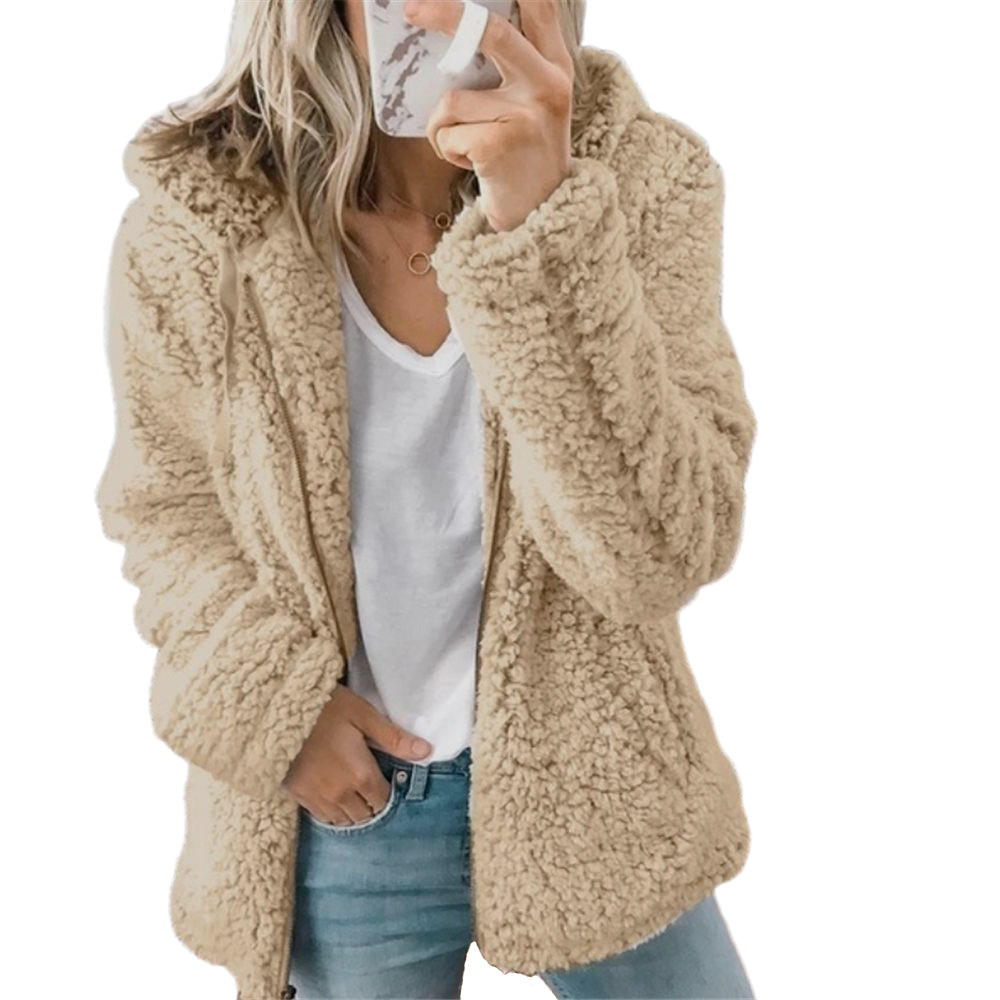 Damen Teddy-Pelzmantel Fleecemantel mit Reißverschluss und Taschen