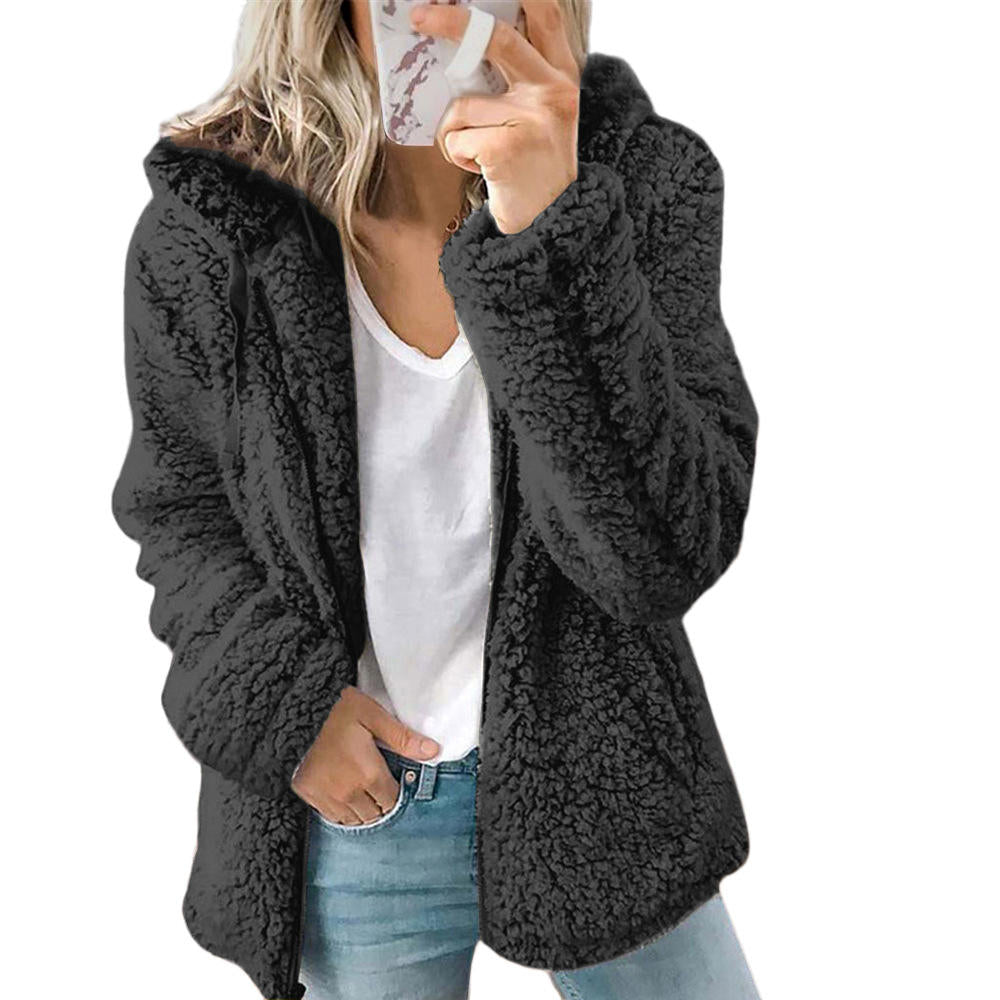 Damen Teddy-Pelzmantel Fleecemantel mit Reißverschluss und Taschen