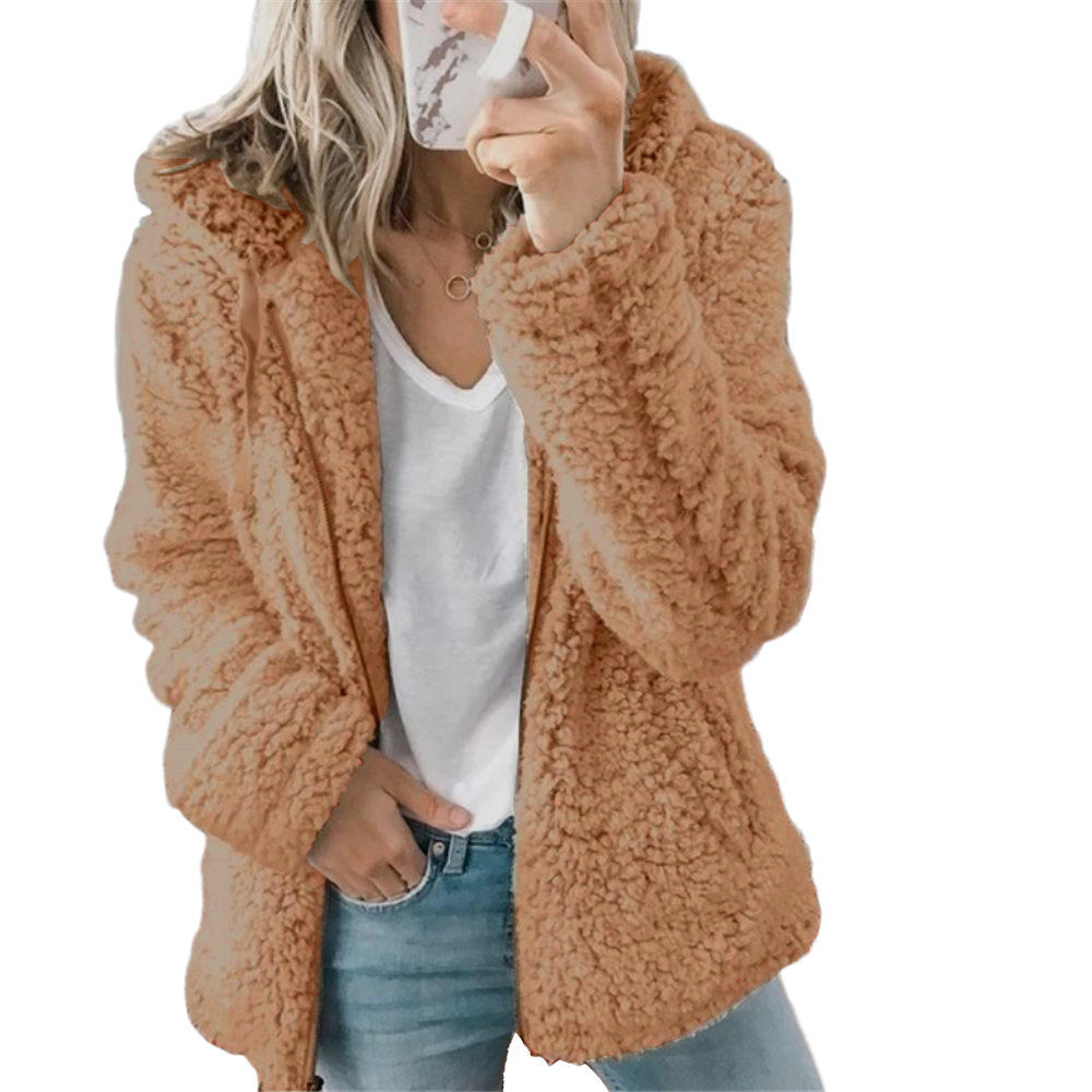 Damen Teddy-Pelzmantel Fleecemantel mit Reißverschluss und Taschen