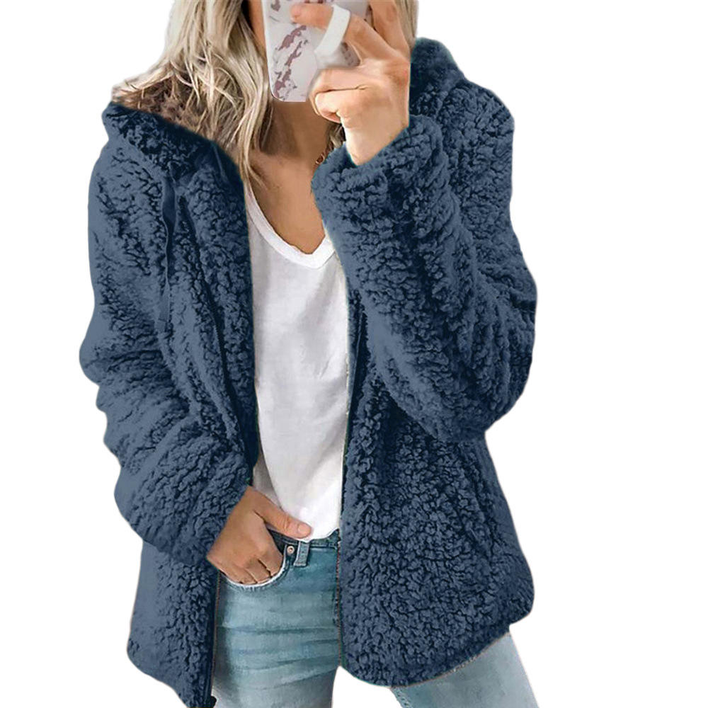 Damen Teddy-Pelzmantel Fleecemantel mit Reißverschluss und Taschen