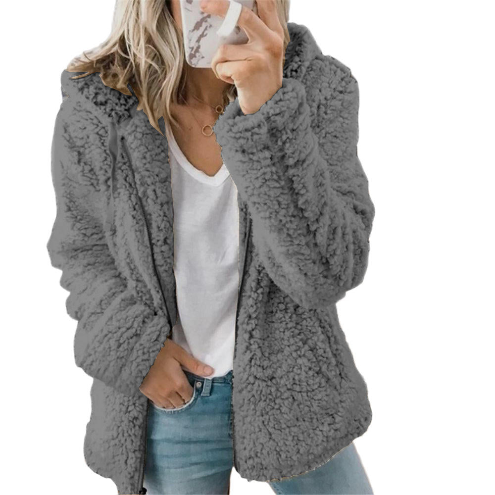 Damen Teddy-Pelzmantel Fleecemantel mit Reißverschluss und Taschen