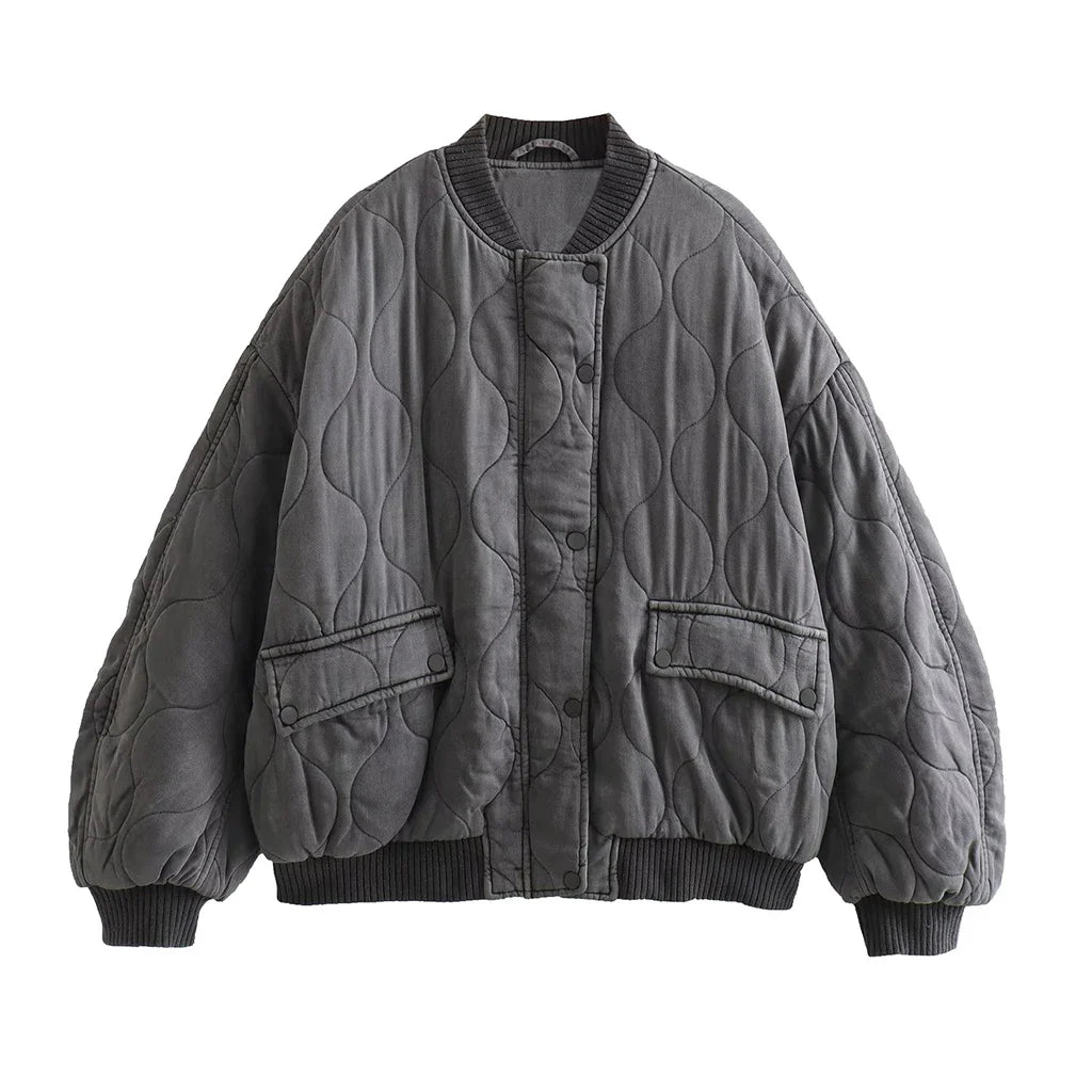 Graue Damen Bomberjacke Lockerer Schnitt, Oversize Steppjacke