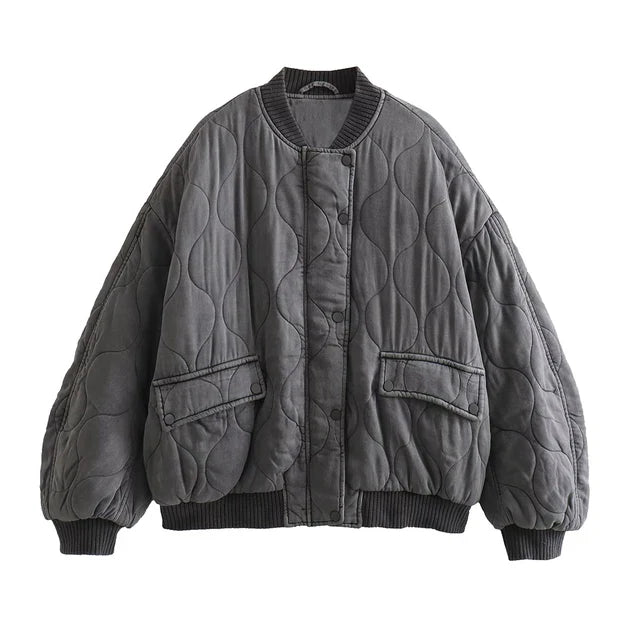 Graue Damen Bomberjacke Lockerer Schnitt, Oversize Steppjacke