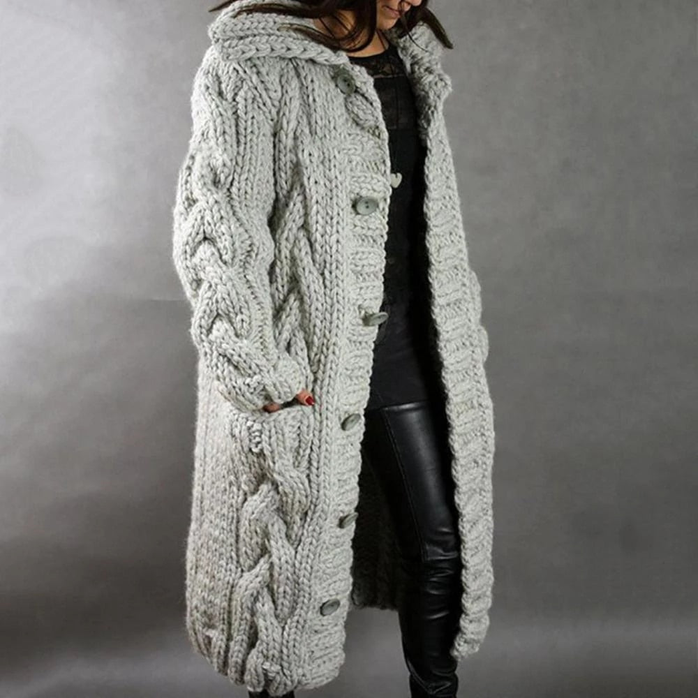 Kuscheliger Strickmantel Damen Warmer Wintermantel mit Kapuze