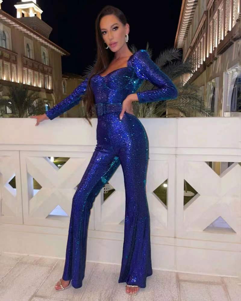 Pailletten Jumpsuit Langarm - Glamouröser Festtags-Overall