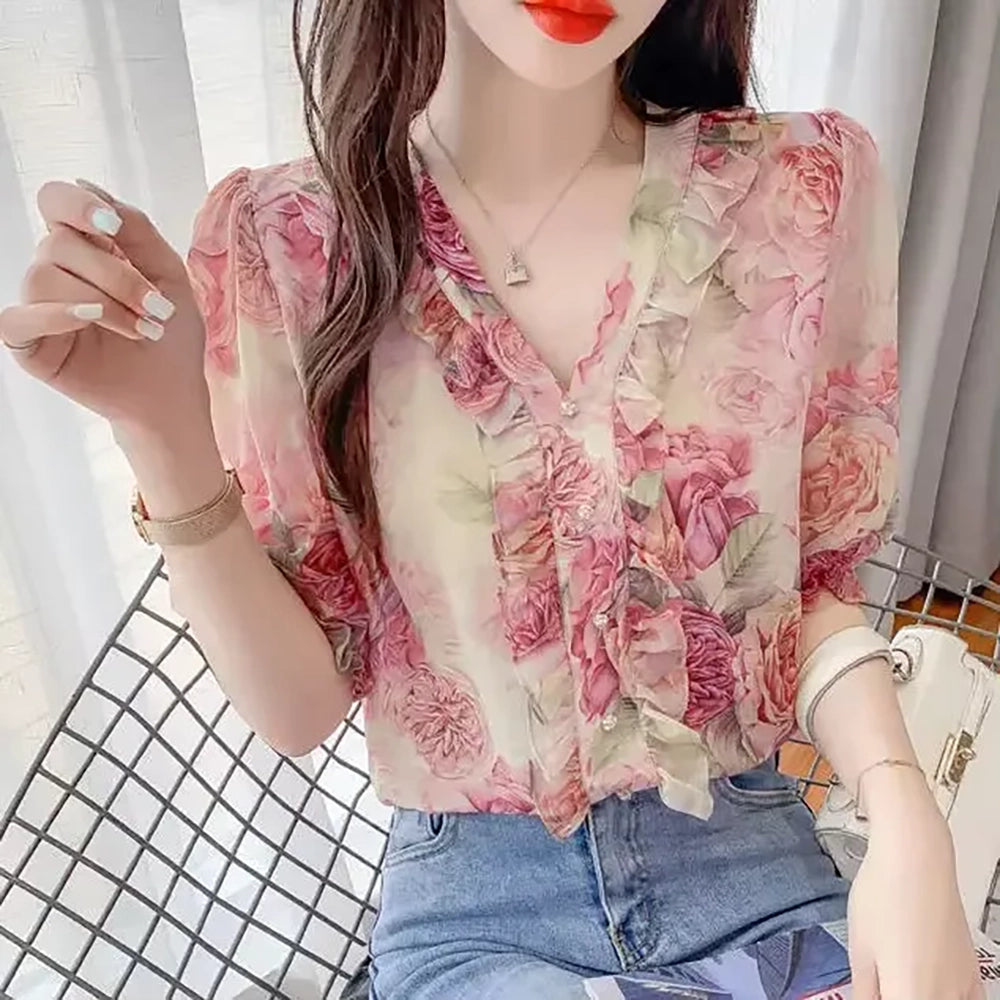 Damen Bluse mit Blumenmuster Sommer-Chiffon Shirt mit kurzen Ärmeln in Rosa Elegant & Stylisch