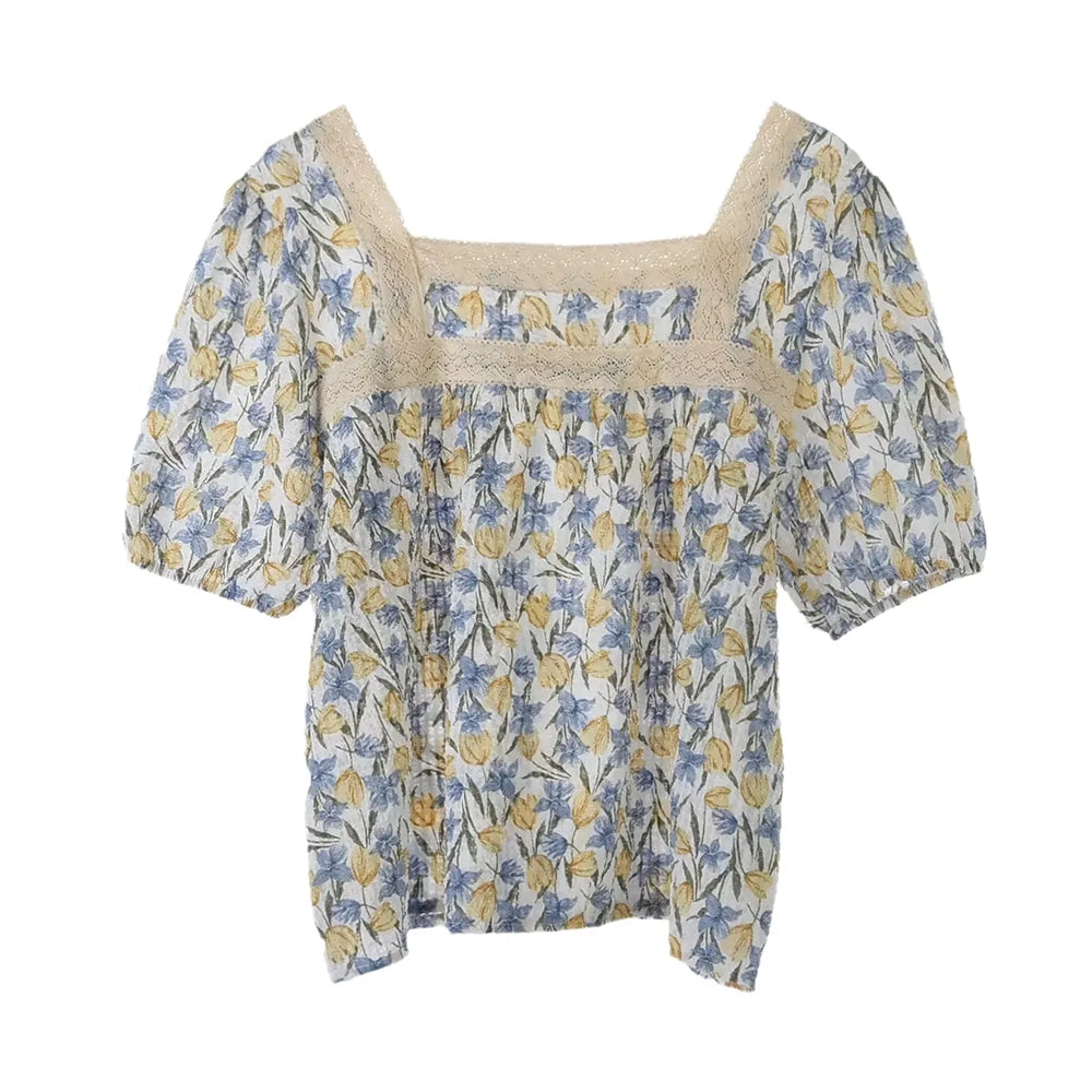 Damen Bluse mit quadratischem Ausschnitt Sommerliches Chiffon-Shirt mit Blumenmuster Lockerer, eleganter Doll-Style