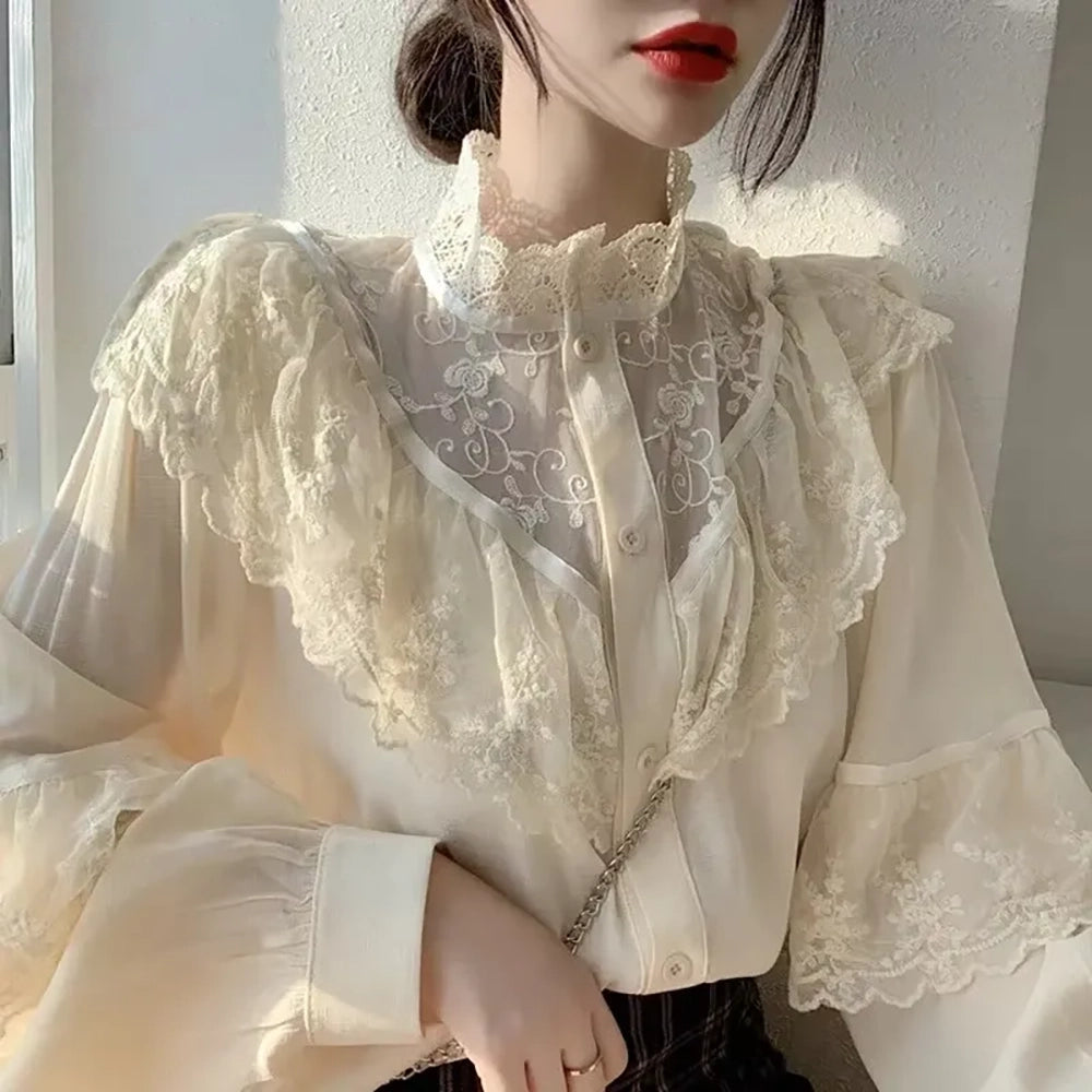 Damen Bluse mit Rüschen Lockerer Vintage-Stil mit Stehkragen und langen Ärmeln Perfekt für den Herbst