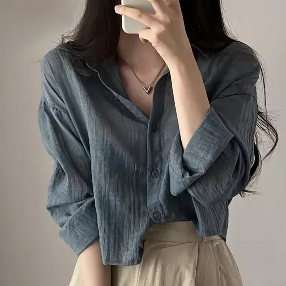 Damen Hemdbluse Schlichtes dünnes Shirt in Uni-Farbe mit langen Ärmeln Modischer Streetwear-Look