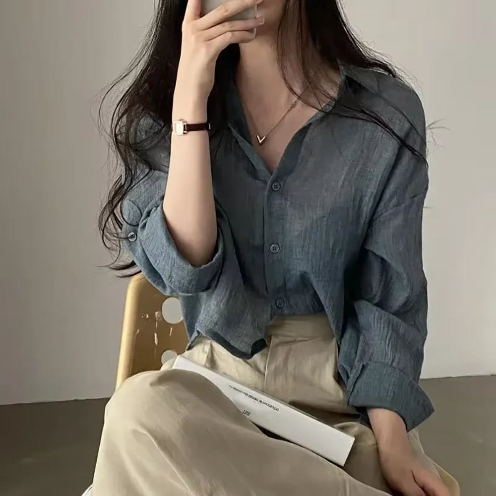 Damen Hemdbluse Schlichtes dünnes Shirt in Uni-Farbe mit langen Ärmeln Modischer Streetwear-Look