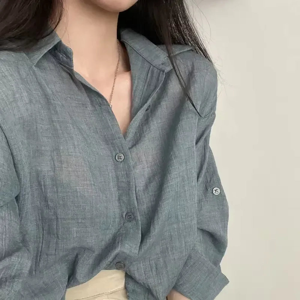 Damen Hemdbluse Schlichtes dünnes Shirt in Uni-Farbe mit langen Ärmeln Modischer Streetwear-Look