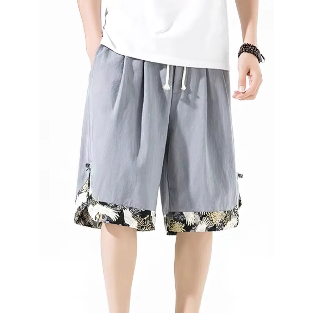 Herren Sommer-Shorts aus Baumwolle und Leinen Weite, lässige Strandhose Atmungsaktive Oversize-Caprihose