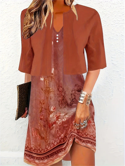 Elegantes Zweiteiliges Kleid Midi-Rock mit V-Ausschnitt & 3D-Design