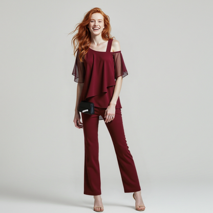 Eleganter Damen Zweiteiler Jumpsuit mit Cold Shoulder Bluse