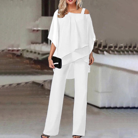 Eleganter Damen Zweiteiler Jumpsuit mit Cold Shoulder Bluse