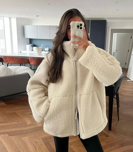 Damen Lammwolljacke Warme Winterjacke mit Reißverschluss