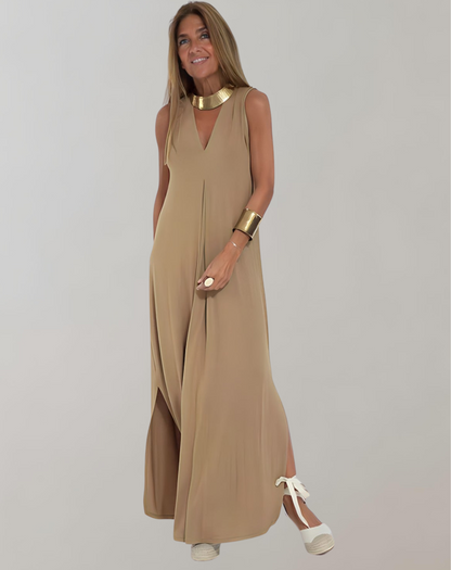 Schlankmachendes V-Ausschnitt Maxi Kleid - Sommerkleid Baumwolle