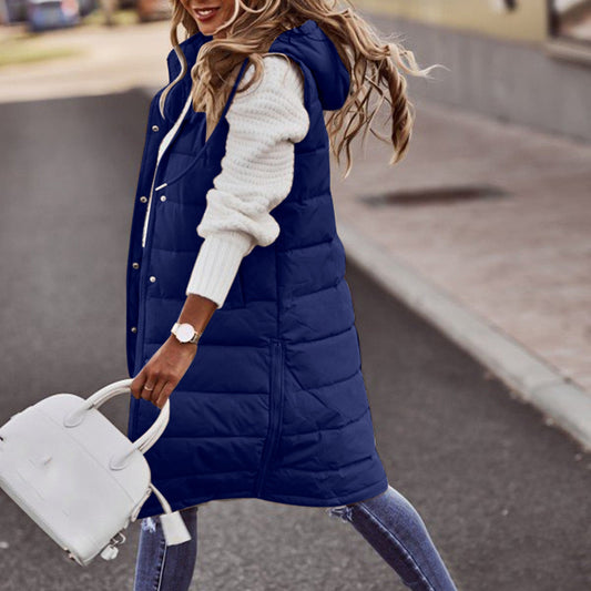 Lange Damen Steppweste mit Kapuze - Winterjacke